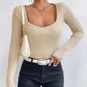 Pearls Beaded Sweetheart Neck Raglan Sleeve Sweater